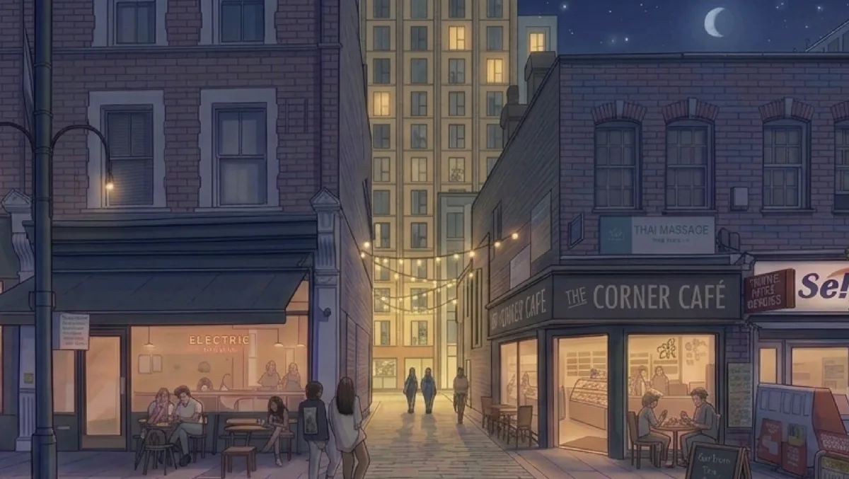Developer's illustration of a lit tower block seen at night at the end of Haven Mews, between a cafe and shopfronts on The Broadway, Ealing