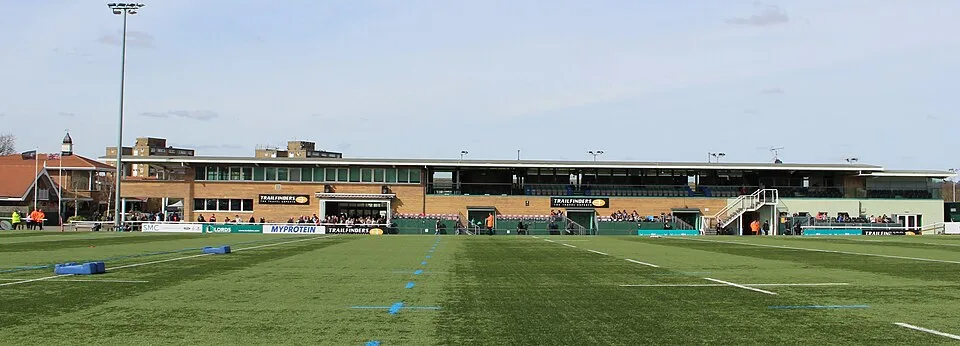 The pitch and main stand at Trailfinders Sports Ground, Vallis Way, West Ealing