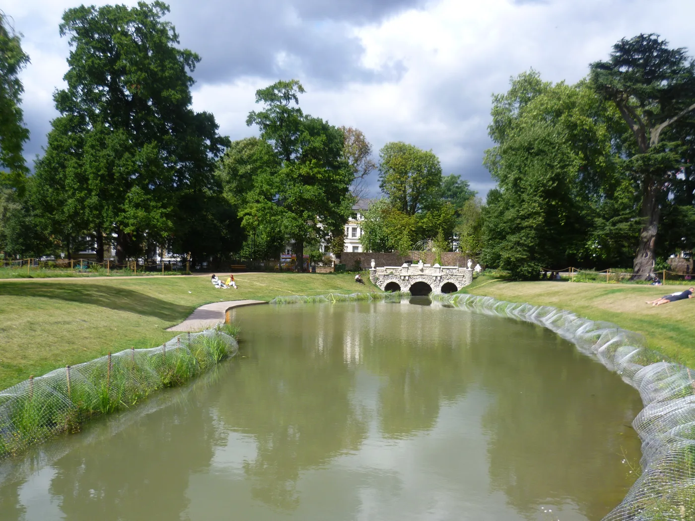 The lake and bridge in Walpole Park, Ealing. The picture does not show the proposed theatre site.